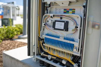 OSP engineer reviewing GPON splitter placement map on a large-format display in a network operations center