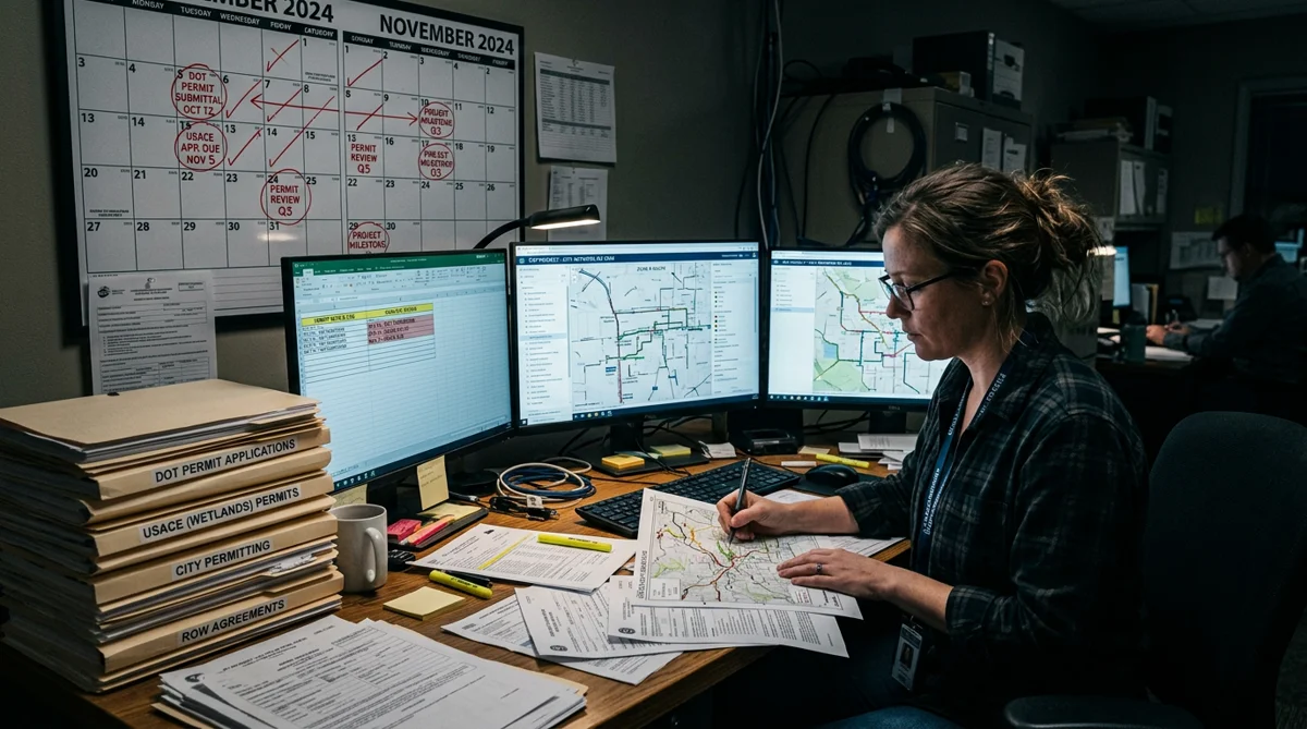 OSP permitting engineer at desk with DOT, USACE and ROW permit folders and fiber route maps on monitors