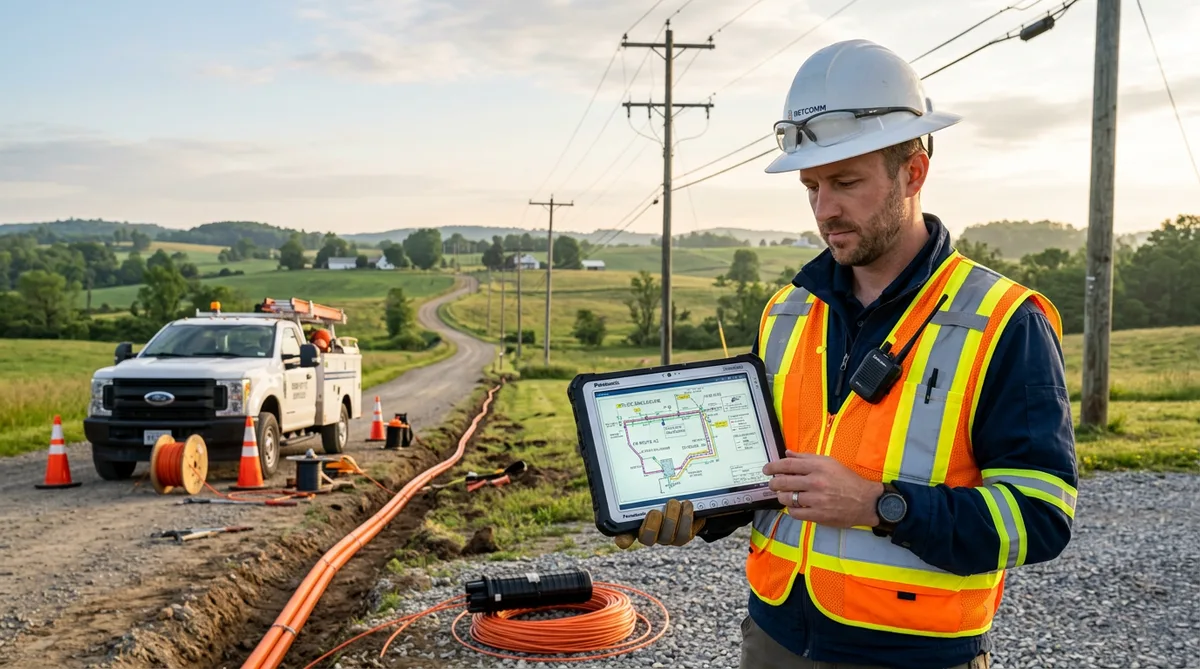 BEAD OSP engineer reviewing fiber construction plan on tablet in field — 7 ways BEAD projects stall before construction starts