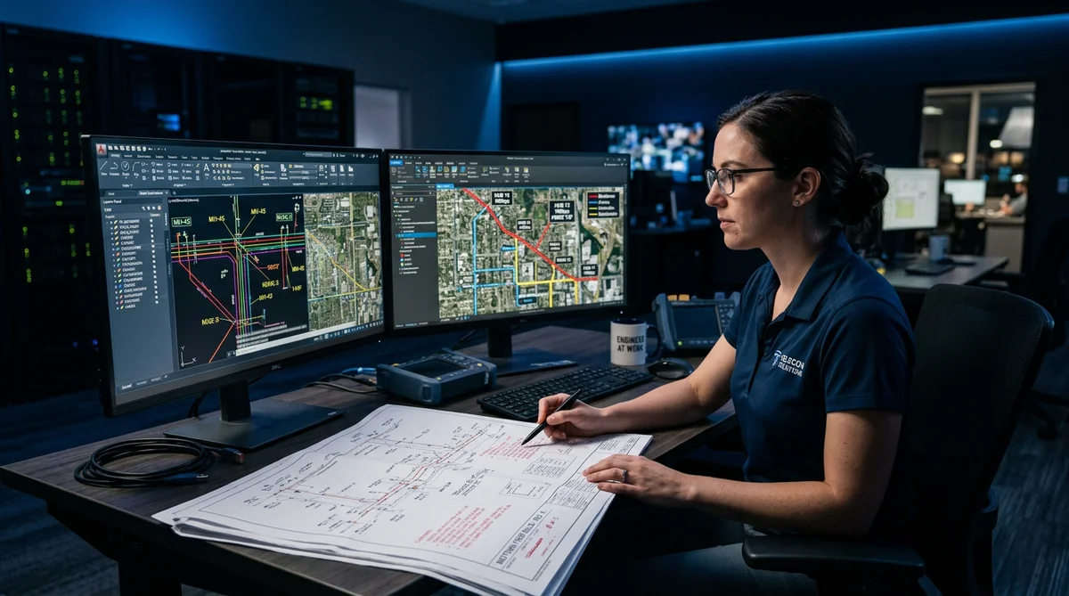 Telecom engineer reviewing CAD layer documentation and GIS fiber route maps on dual monitors with printed plan sheets on desk