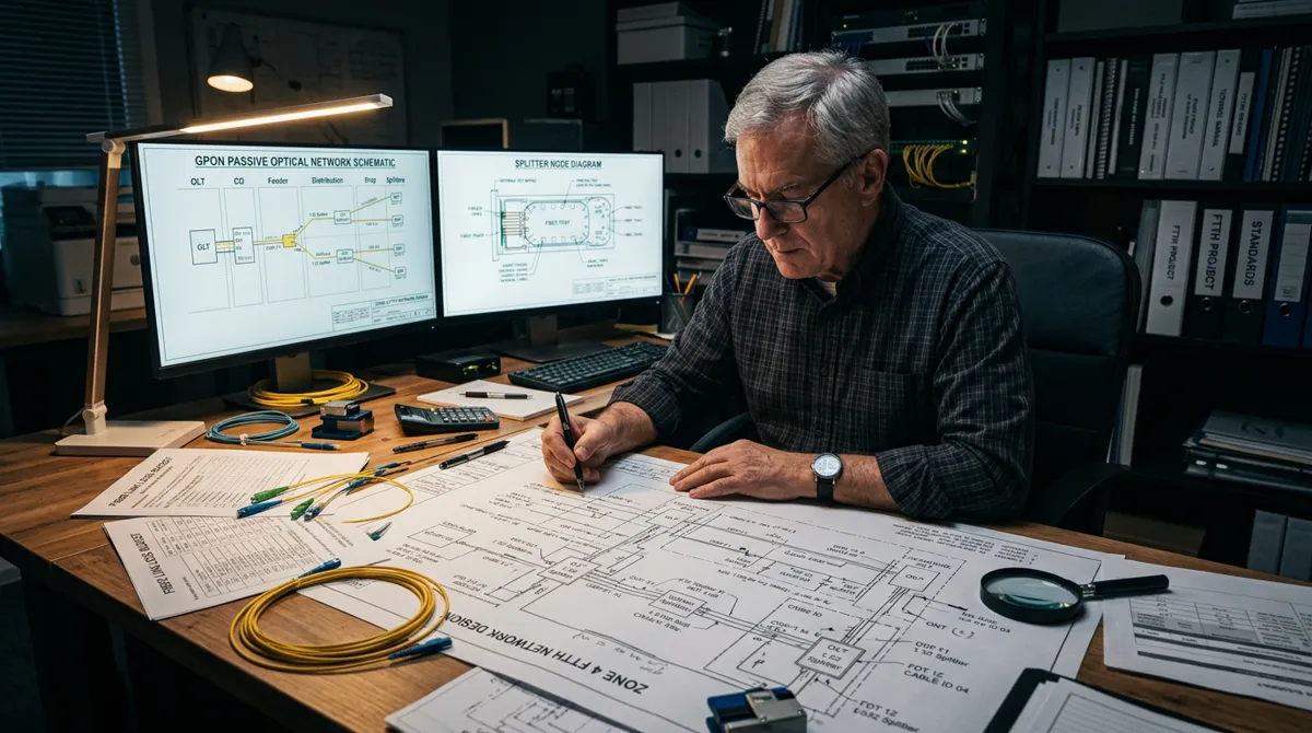 Senior fiber network engineer reviewing FTTH design drawings on large monitor with splitter diagrams and passive optical network schematics spread across a drafting table
