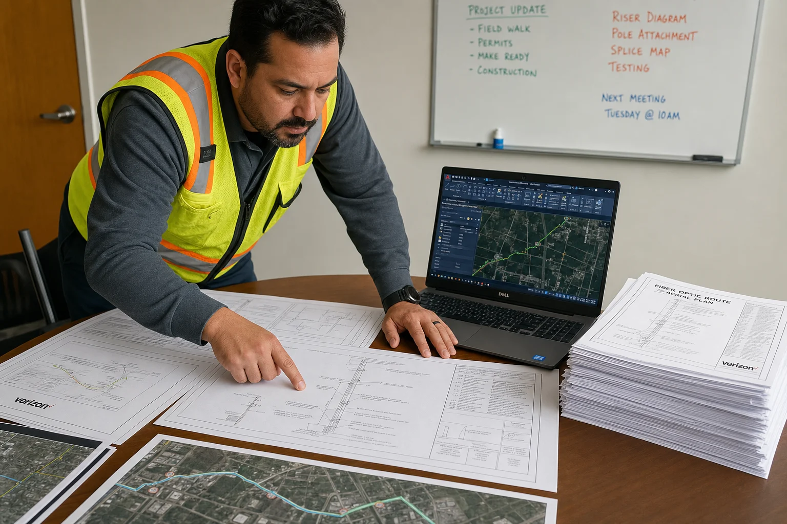 Telecom project manager reviewing CAD plan sets and GIS fiber network drawings with engineer in safety vest at conference table