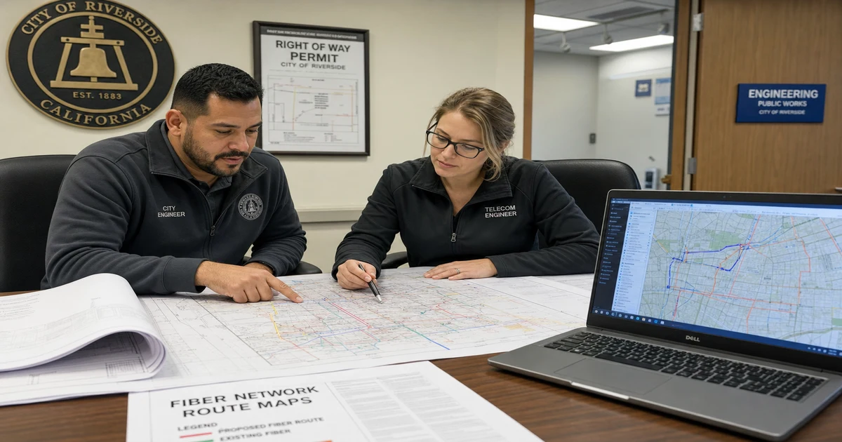 City engineer and telecom engineer reviewing fiber network route maps in a municipal public works office