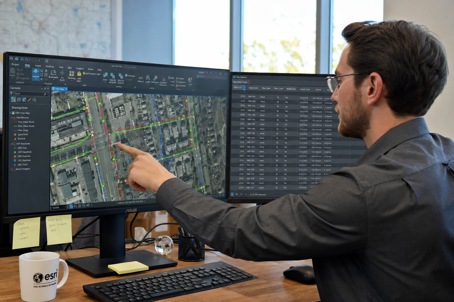 GIS analyst reviewing fiber network route mapping on dual monitors showing ArcGIS with OSP pole locations and splice points