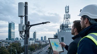 Wireless engineers comparing a street-level small cell node with a macro cell site for 5G network planning