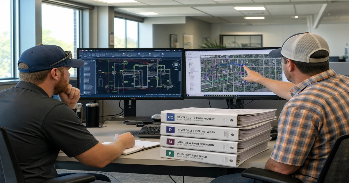 OSP engineer reviewing white-label fiber route design deliverables on dual monitors showing HLD route map and LLD permit package sheets