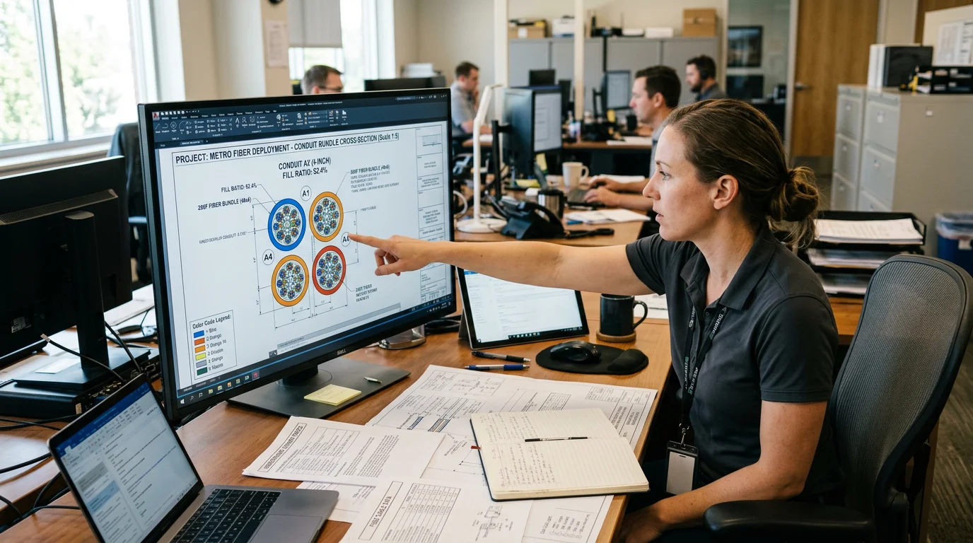 OSP engineer reviewing fiber conduit cross-section fill ratio calculations on CAD monitor at engineering workstation