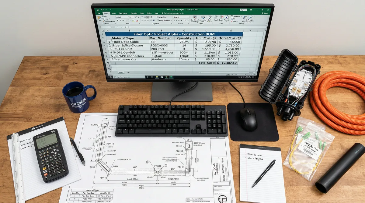 CAD and GIS screens used for fiber optic construction BOM template planning